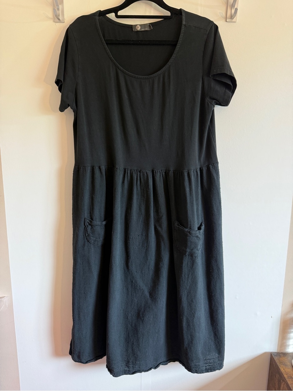 Made in Italy Black Cotton Blend Midi Dress Pockets Stretch Short Sleeve S